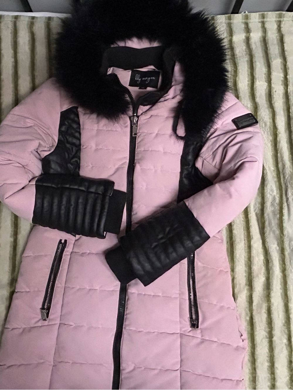Blush Pink Quilted Coat with Black Fur Trim by Lily Morgan